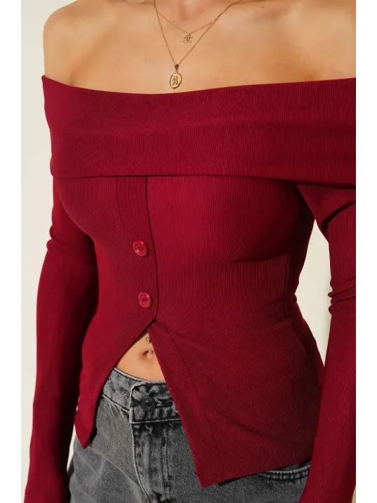Madonna Yaka Düğmeli Bluz Bordo T4329