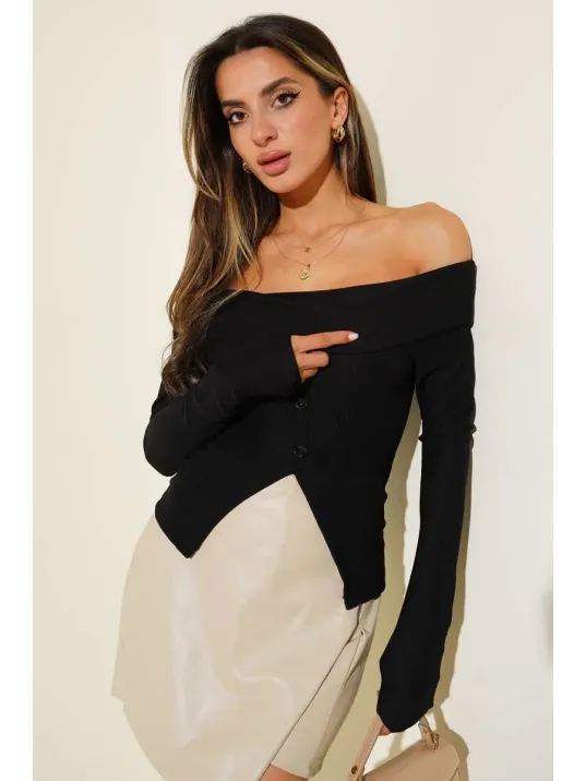 Madonna Yaka Düğmeli Bluz Siyah T4329