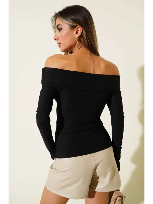 Madonna Yaka Düğmeli Bluz Siyah T4329