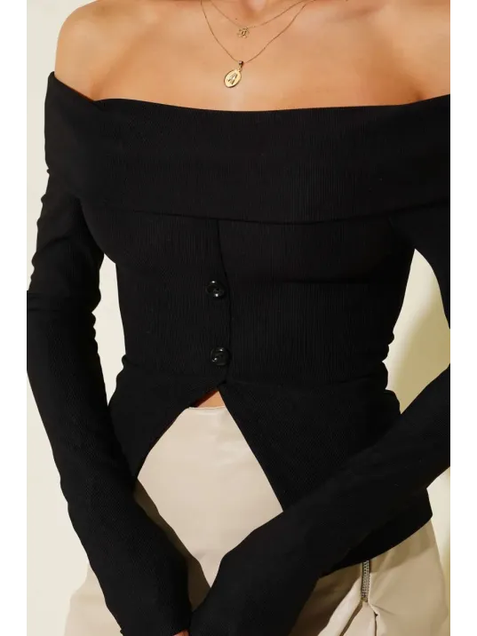 Madonna Yaka Düğmeli Bluz Siyah T4329