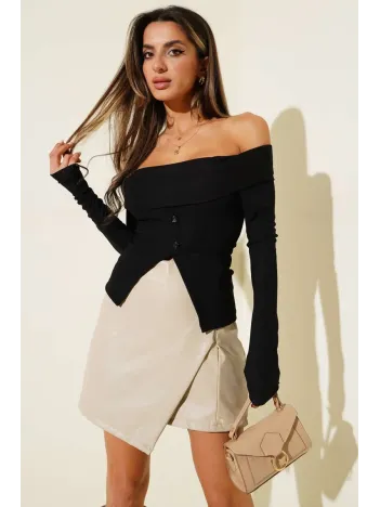 Madonna Yaka Düğmeli Bluz Siyah T4329