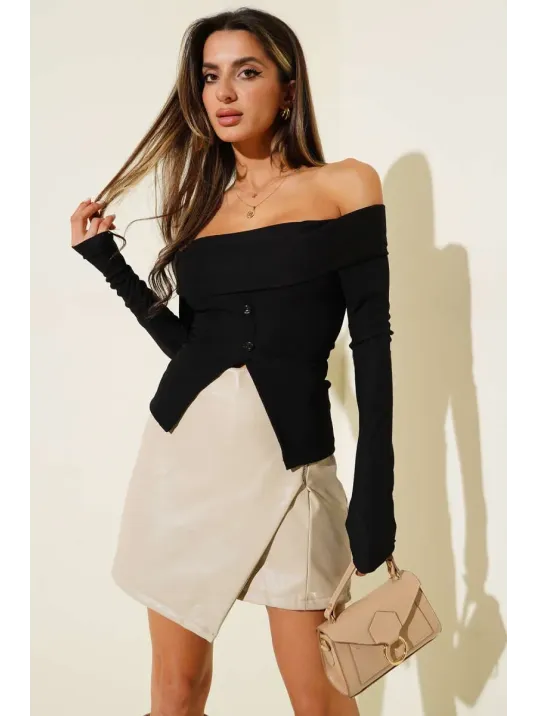 Madonna Yaka Düğmeli Bluz Siyah T4329