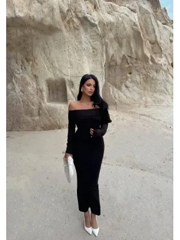 Madonna Yaka Esnek Kumaş Elbise Siyah