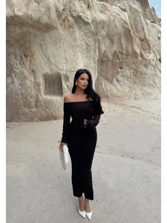 Madonna Yaka Esnek Kumaş Elbise Siyah