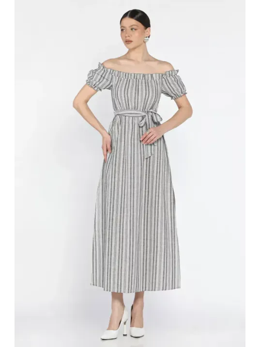 Madonna Yaka Midi Yırtmaçlı Kuşaklı Keten Elbise Madonna Yaka Midi Yırtmaçlı Kuşaklı Keten Elbise