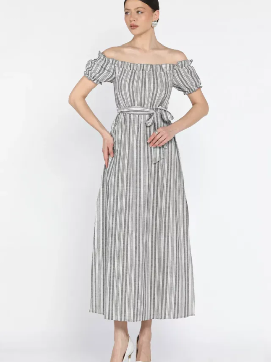 Madonna yaka midi yırtmaçlı kuşaklı keten elbise Madonna yaka midi yırtmaçlı kuşaklı keten elbise