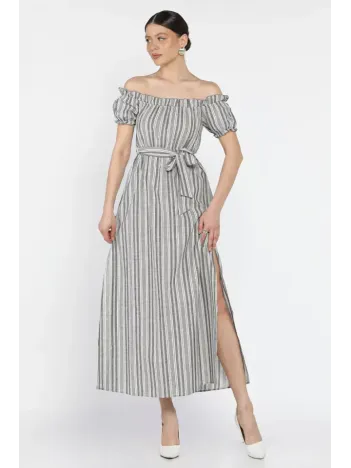 Madonna Yaka Midi Yırtmaçlı Kuşaklı Keten Elbise