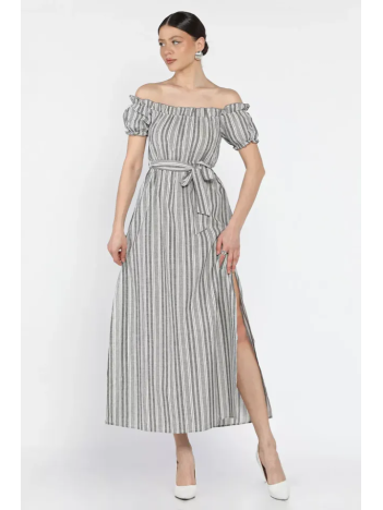 Madonna yaka midi yırtmaçlı kuşaklı keten elbise