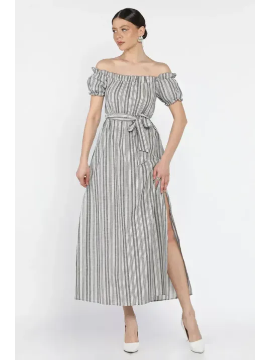 Madonna Yaka Midi Yırtmaçlı Kuşaklı Keten Elbise Madonna Yaka Midi Yırtmaçlı Kuşaklı Keten Elbise