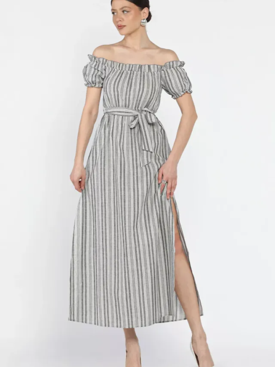 Madonna yaka midi yırtmaçlı kuşaklı keten elbise Madonna yaka midi yırtmaçlı kuşaklı keten elbise