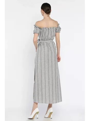 Madonna Yaka Midi Yırtmaçlı Kuşaklı Keten Elbise