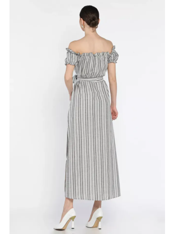 Madonna yaka midi yırtmaçlı kuşaklı keten elbise Madonna yaka midi yırtmaçlı kuşaklı keten elbise