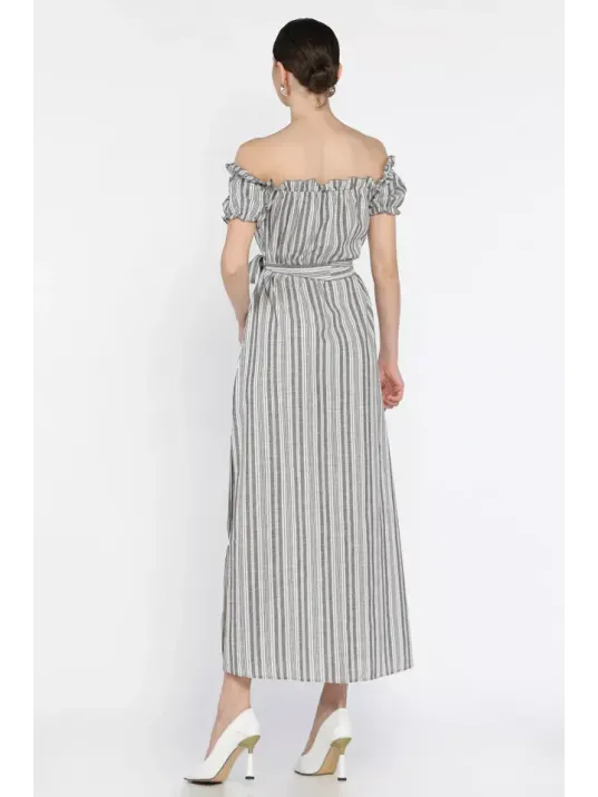 Madonna Yaka Midi Yırtmaçlı Kuşaklı Keten Elbise Madonna Yaka Midi Yırtmaçlı Kuşaklı Keten Elbise