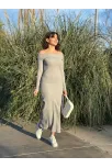 Madonna Yaka Uzun Elbise Şardonlu Kumaş Gri W3753