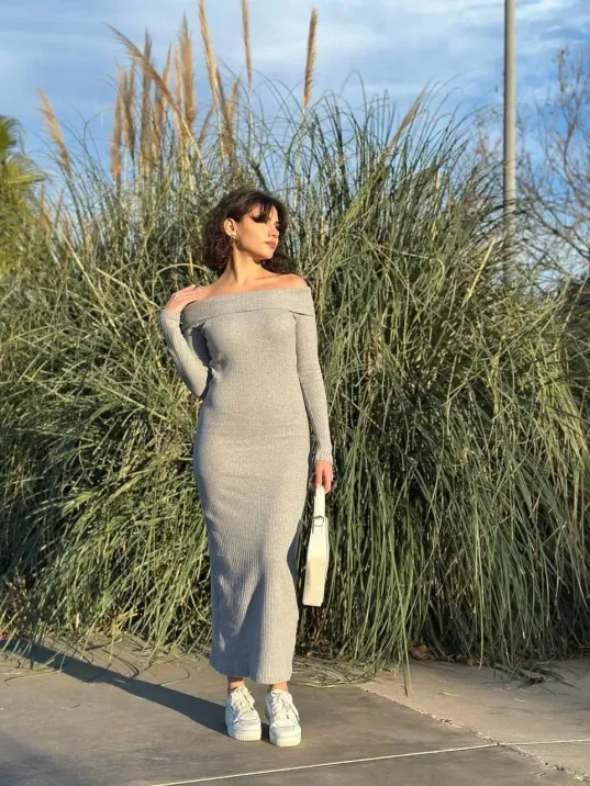 Madonna Yaka Uzun Elbise Şardonlu Kumaş Gri W3753