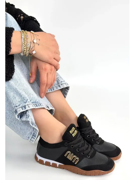 Marje Siyah Cilt Bağcıklı Spor Ayakkabı