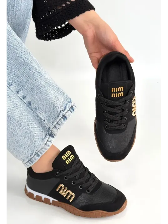Marje Siyah Cilt Bağcıklı Spor Ayakkabı