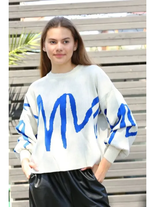 Mavi Çizgili Bisiklet Yaka Kazak Beyaz Mavi Çizgili Bisiklet Yaka Kazak Beyaz