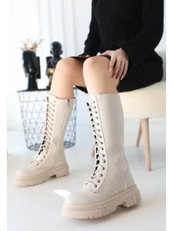 Mennd Bej Cilt Bağcıklı Çizme