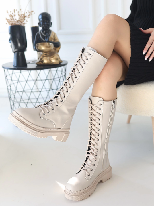 Mennd Bej Cilt Bağcıklı Çizme Mennd Bej Cilt Bağcıklı Çizme