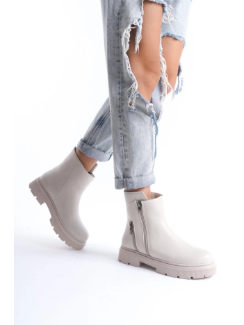 Menta Bej Cilt Fermuar Aksesuarlı Bot Menta Bej Cilt Fermuar Aksesuarlı Bot