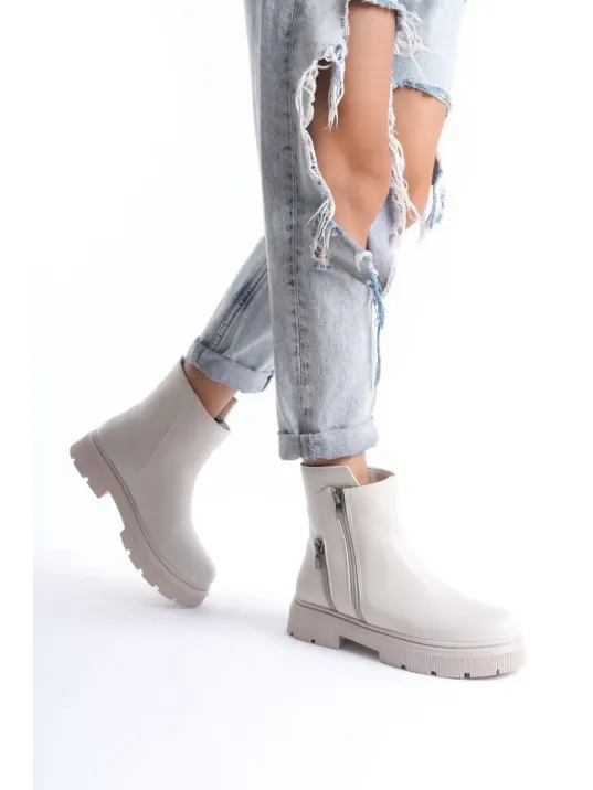 Menta Bej Cilt Fermuar Aksesuarlı Bot Menta Bej Cilt Fermuar Aksesuarlı Bot