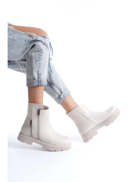 Menta Bej Cilt Fermuar Aksesuarlı Bot Menta Bej Cilt Fermuar Aksesuarlı Bot