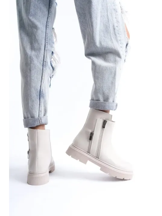 Menta Bej Cilt Fermuar Aksesuarlı Bot Menta Bej Cilt Fermuar Aksesuarlı Bot