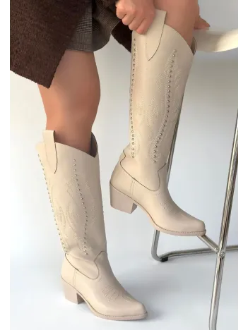Meof Bej Cilt Topuklu Çizme