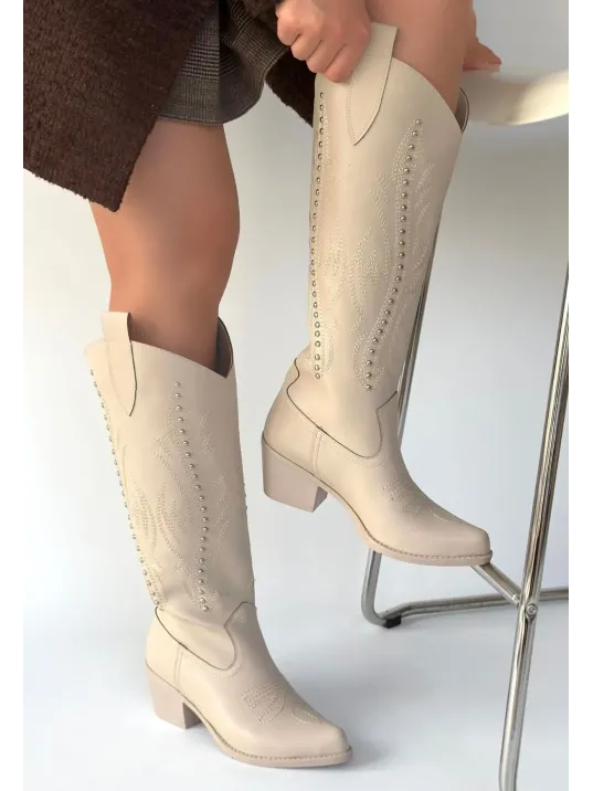 Meof Bej Cilt Topuklu Çizme