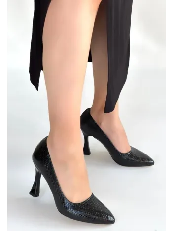 Merio Siyah Baskılı Rugan Topuklu Ayakkabı