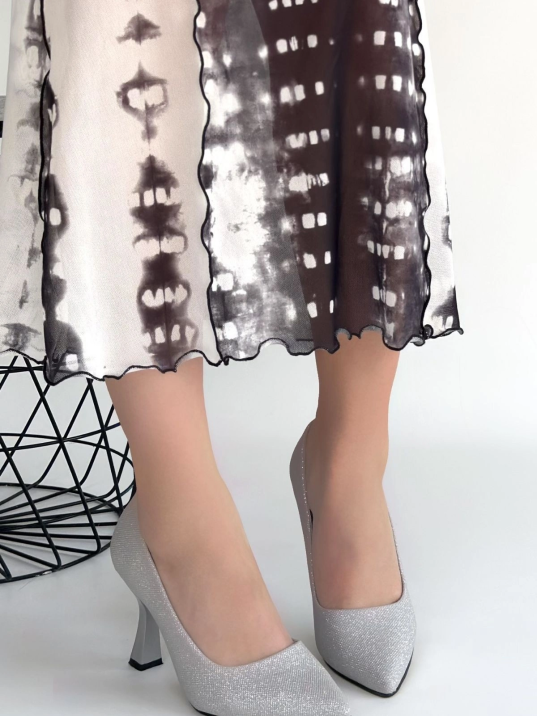 Meyli Gümüş Saten Simli Topuklu Ayakkabı