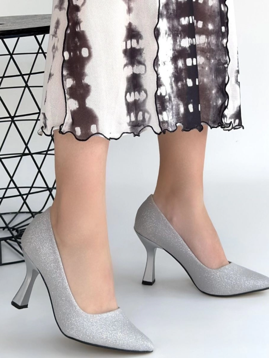 Meyli Gümüş Saten Simli Topuklu Ayakkabı