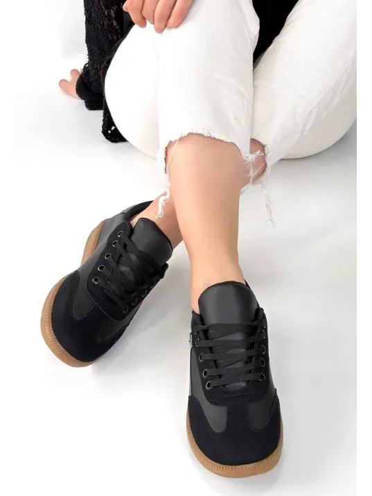 Mier Siyah Cilt Bağcıklı Spor Ayakkabı