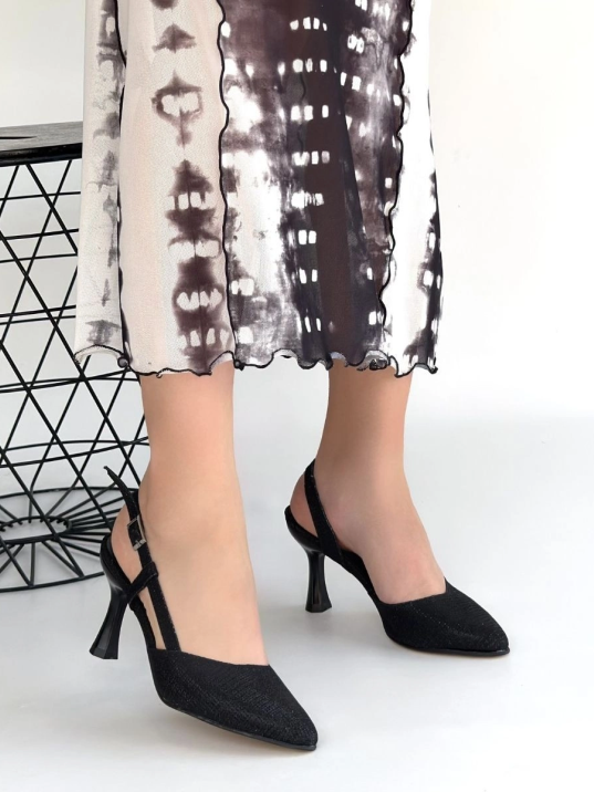 Minde Siyah Cilt Simli Topuklu Ayakkabı