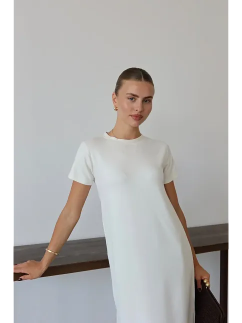 Modal Yırtmaçlı Elbise Beyaz Pt