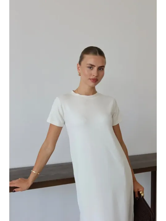 Modal Yırtmaçlı Elbise Beyaz Pt