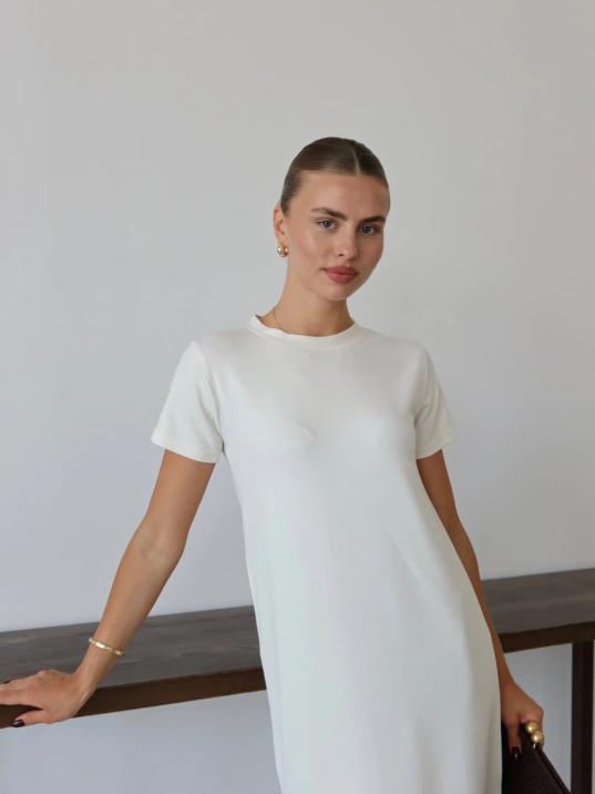 Modal Yırtmaçlı Elbise Beyaz Pt Modal Yırtmaçlı Elbise Beyaz Pt