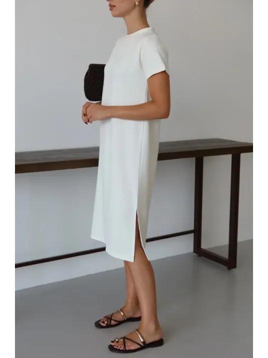 Modal Yırtmaçlı Elbise Beyaz Pt