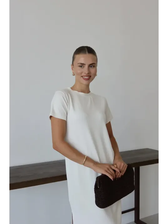 Modal Yırtmaçlı Elbise Beyaz Pt