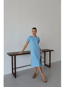 Modal Yırtmaçlı Elbise Mavi Pt