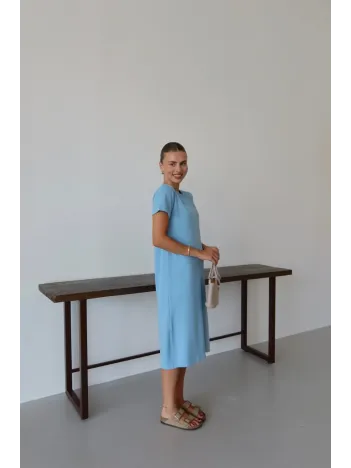 Modal Yırtmaçlı Elbise Mavi Pt