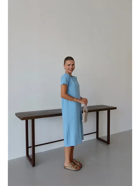 Modal Yırtmaçlı Elbise Mavi Pt