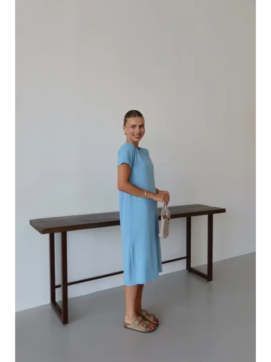 Modal Yırtmaçlı Elbise Mavi Pt