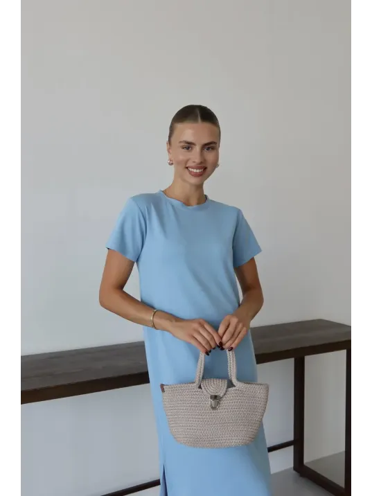 Modal Yırtmaçlı Elbise Mavi Pt