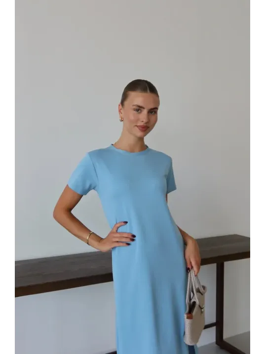 Modal Yırtmaçlı Elbise Mavi Pt