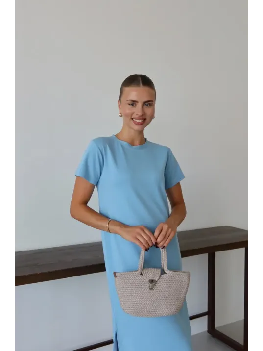 Modal Yırtmaçlı Elbise Mavi Pt