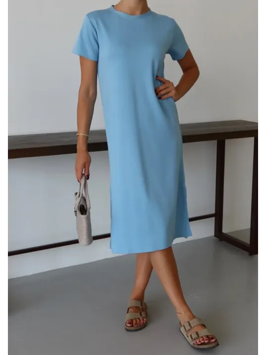 Modal Yırtmaçlı Elbise Mavi Pt