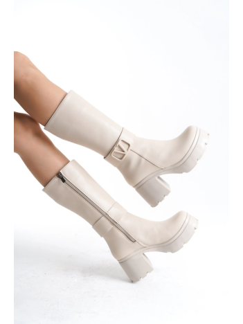 Moki Bej Cilt Topuklu Çizme Moki Bej Cilt Topuklu Çizme