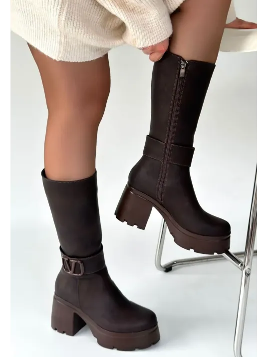 Moki Kahverengi Nubuk Topuklu Çizme